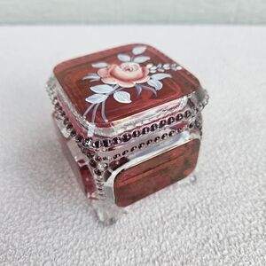 Westmoreland Hand Painted Rose Red Glass Square Trinket Box 1976 Artist Signed